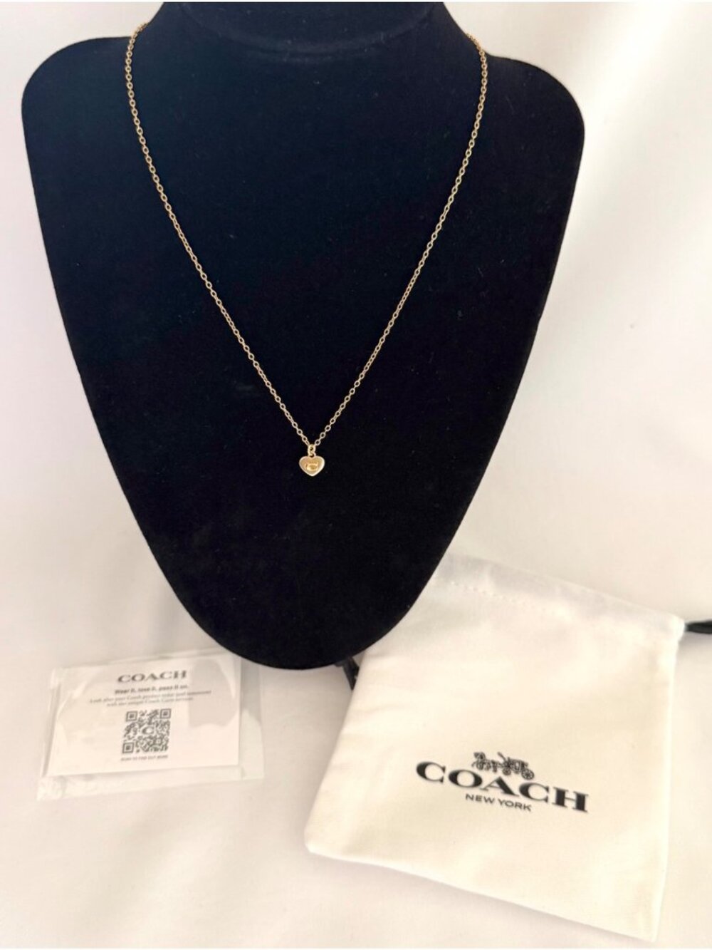 Coach 14k Gold Plated Heart Charm Necklace 16 in With Tag Pouch Adjustable Chain